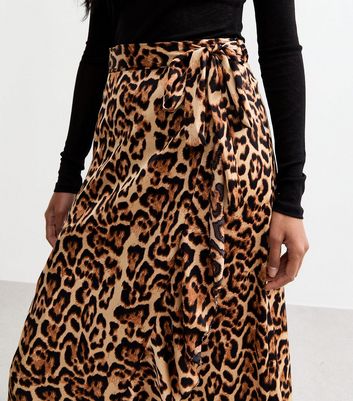 New look brown leopard print midi wrap skirt best sale