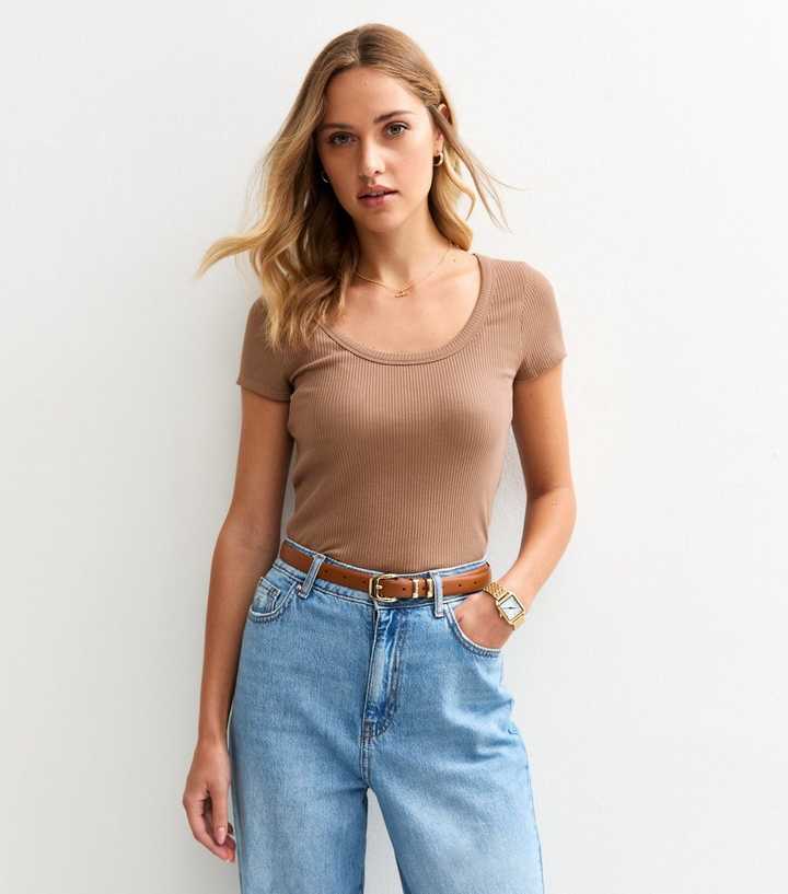 Light Brown Rib Light Brown Scoop Neck Rib Jersey T-Shirt | New Look
