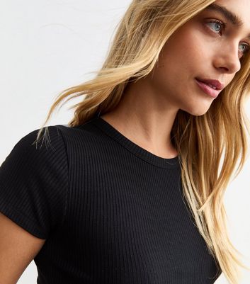 Black Crew Neck Rib Jersey Top | New Look