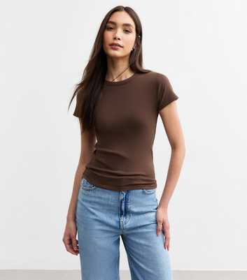 Dark Brown Crew Neck Rib Jersey Top