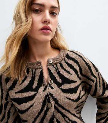 Brown Zebra Print Crew Neck Cardigan