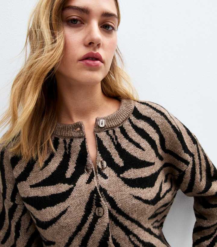 Brown Zebra Print Crew Neck Cardigan