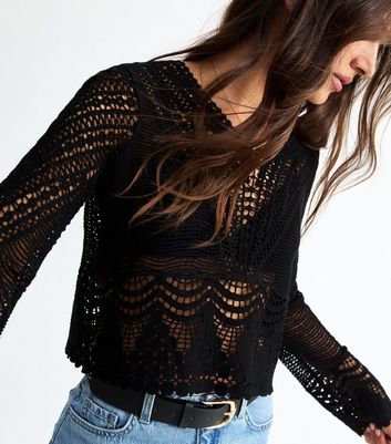 Black Crochet Long Sleeve Top New Look — free download