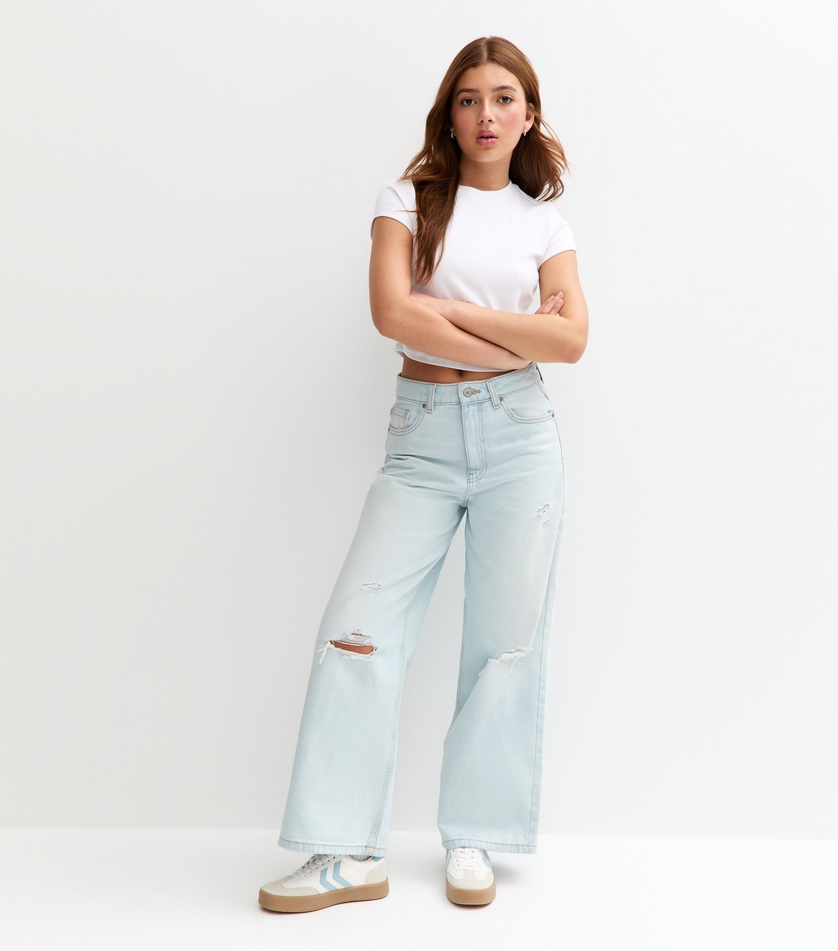 Girls' Light Blue Busted Knee Super Wide Leg Jeans New Look