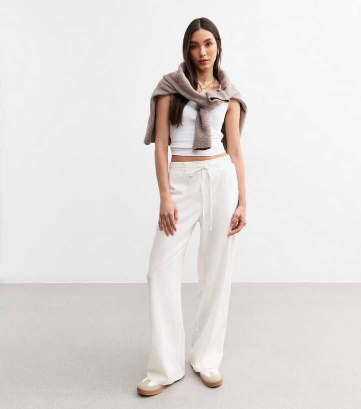 White Linen Blend Drawstring Waist Trousers