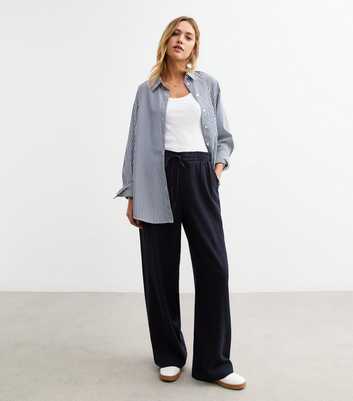 Navy Linen Blend Drawstring Waist Trousers