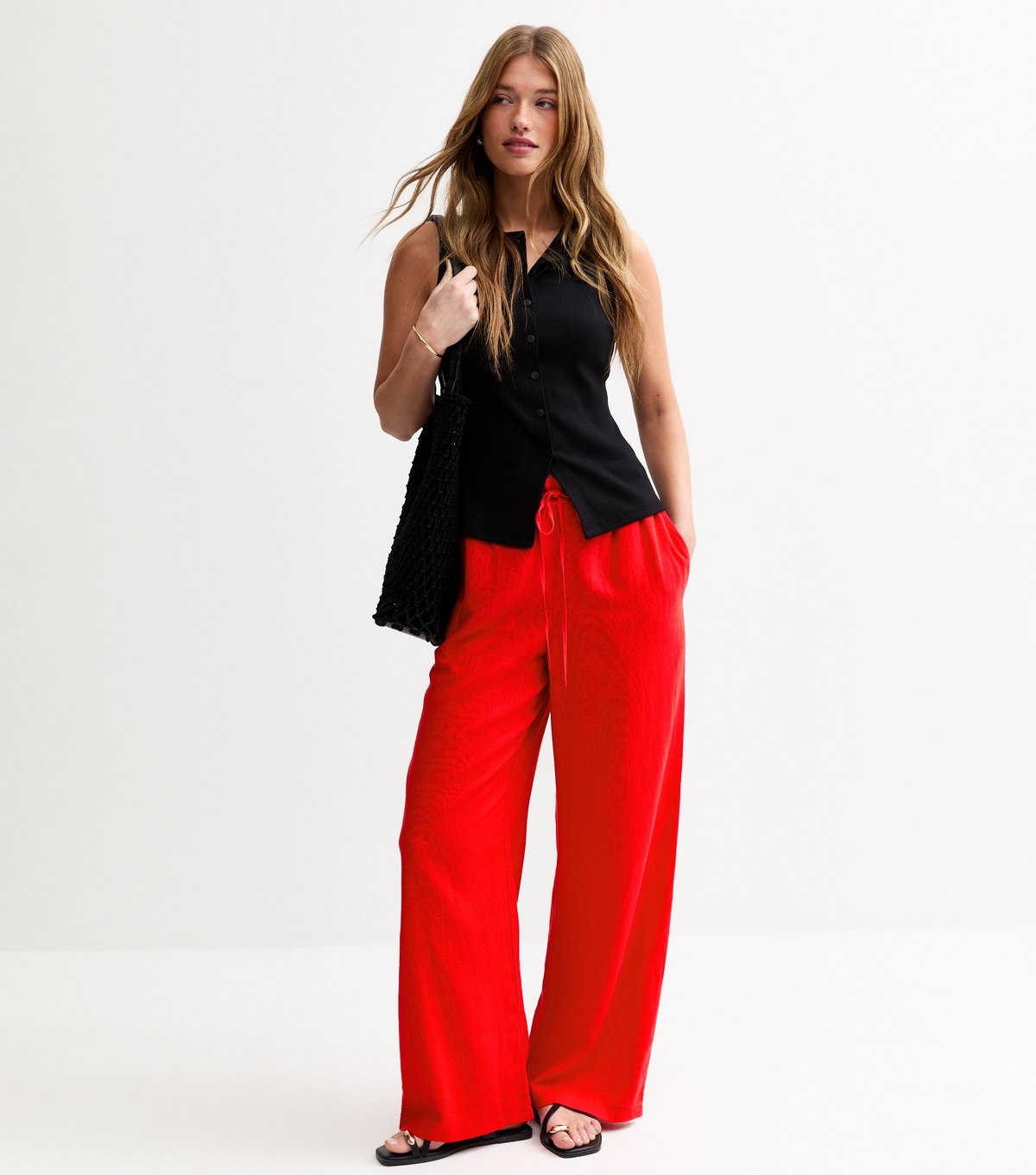 New Look Bright Red Linen Blend Drawstring Waist Trousers