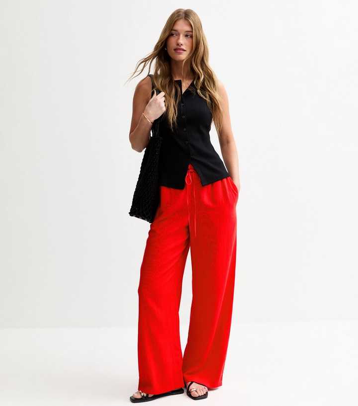 Bright Red Linen Blend Drawstring Waist Trousers