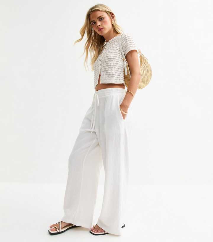 Petite White Linen Blend Drawstring Trousers