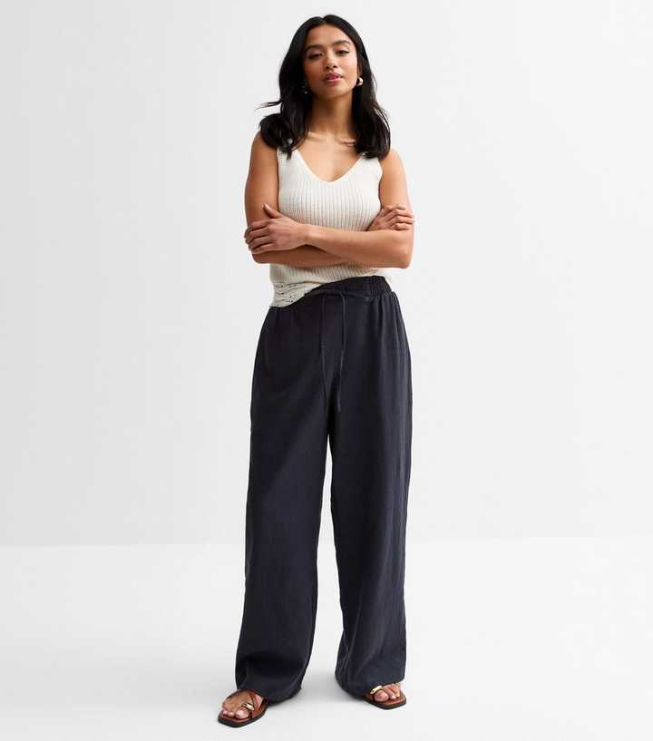 Petite Navy Linen Blend Drawstring Trousers