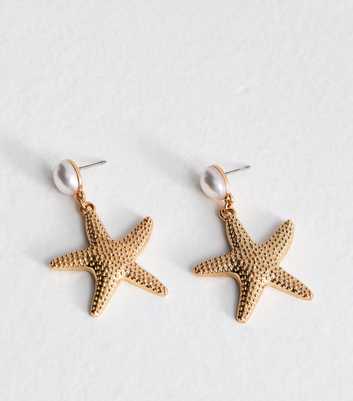 Gold Tone Faux Pearl Starfish Earrings