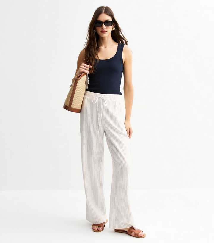 White Striped Linen Wide Leg Trousers