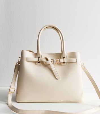 Cream Faux Leather Buckle Strap Triple Compartment Tote Bag