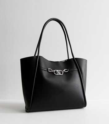 Black Faux Leather Rolled Seam Tote Bag