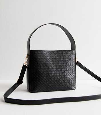 Black Faux Leather Woven Bucket Bag