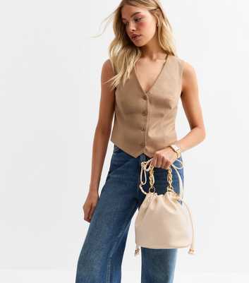 Cream Faux Leather Drawstring Crossbody Bag