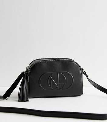 Black Faux Leather Logo Embossed Crossbody Bag