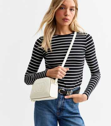 White Faux Leather Logo Embossed Crossbody Bag