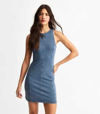 Blue Jersey Acid Wash Racer Mini Dress
