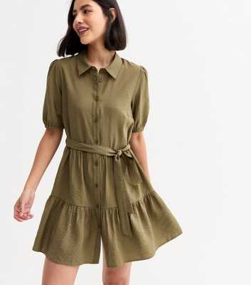 Khaki Green Textured Belted Tiered Shirt Dress