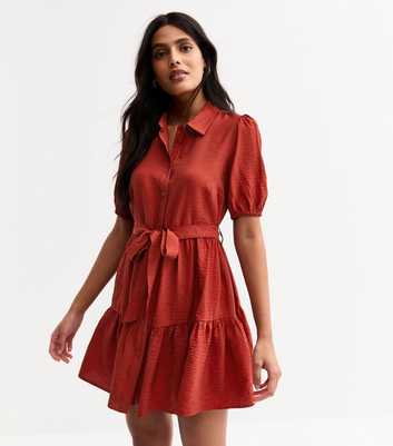 Bright Orange Textured Belted Tiered Shirt Dress