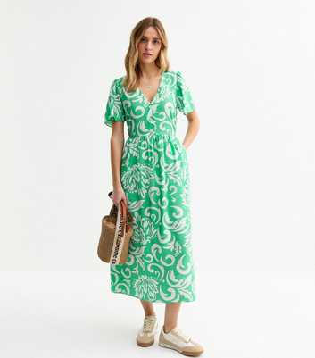 Green Pattern Print Buttoned Midi Dress