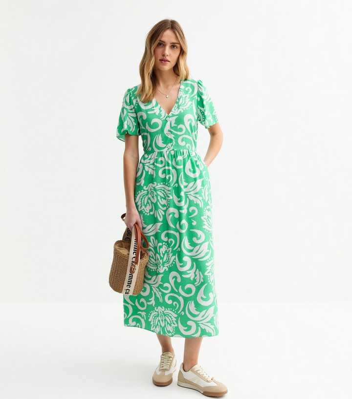 Green Pattern Print Buttoned Midi Dress