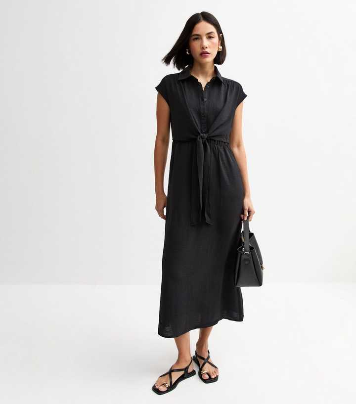 Black Crinkle Texture Tie Front Midi Shirt Dress