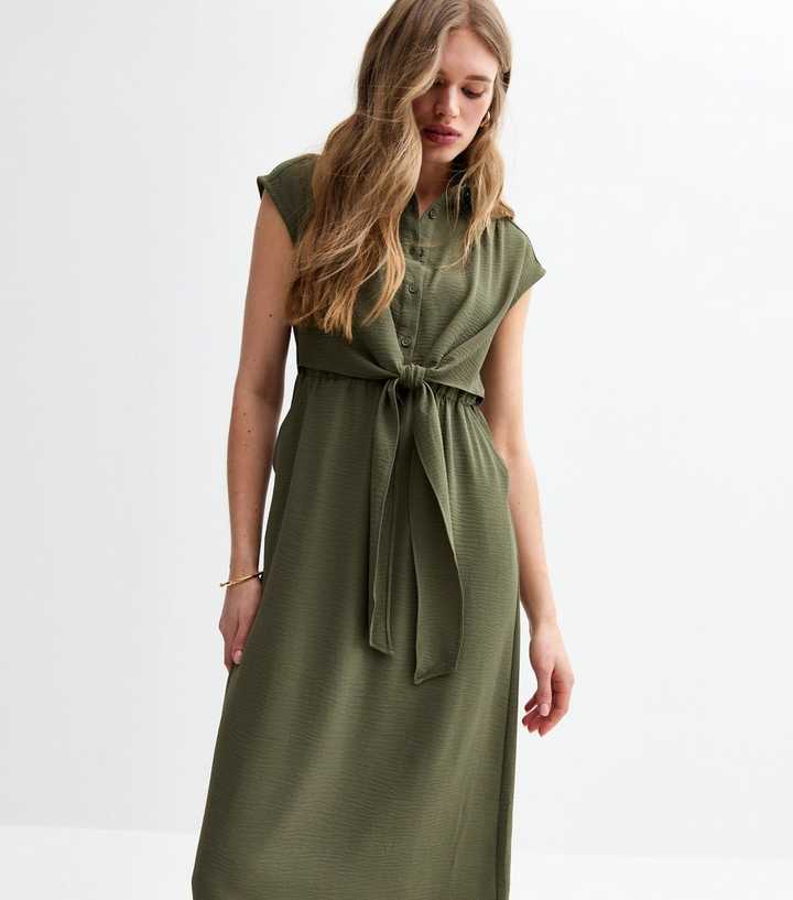 Dark Khaki Crinkle Texture Tie Front Midi Shirt Dress