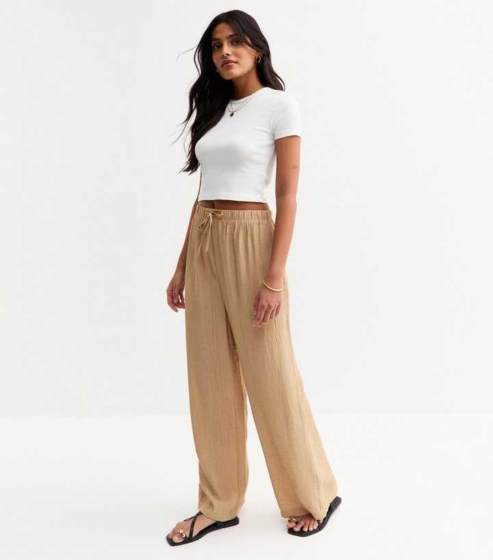 Camel Crinkled Wide Leg Trousers
