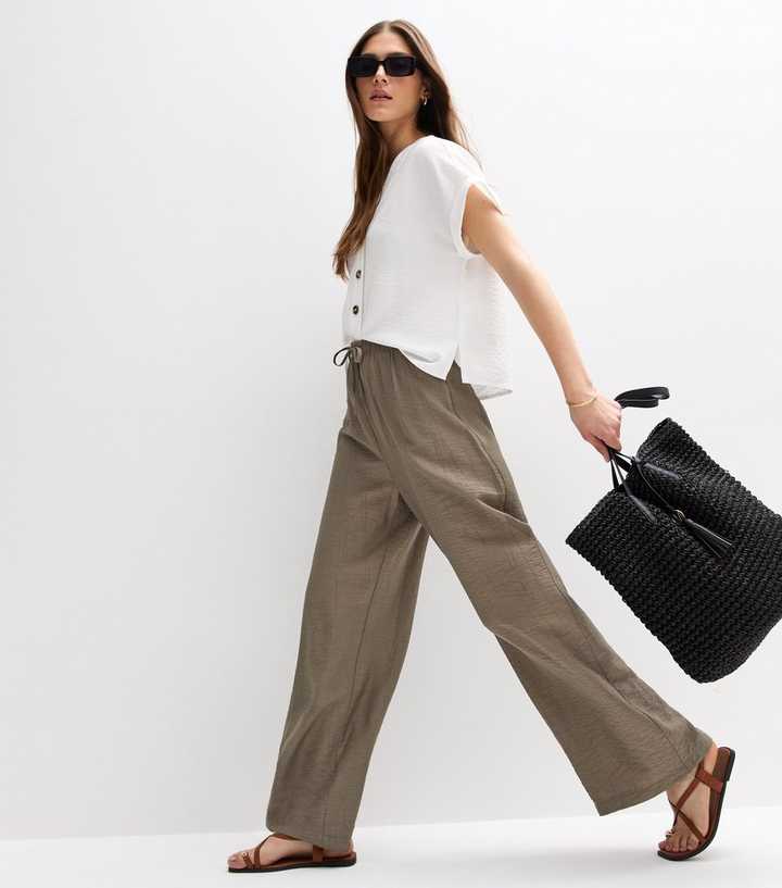 Khaki Crinkled Wide Leg Trousers