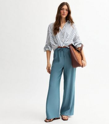 Blue Crinkled Wide Leg Trousers