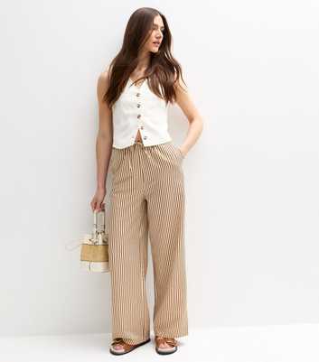 Brown Crinkle Textured Striped Wide Leg Trousers
