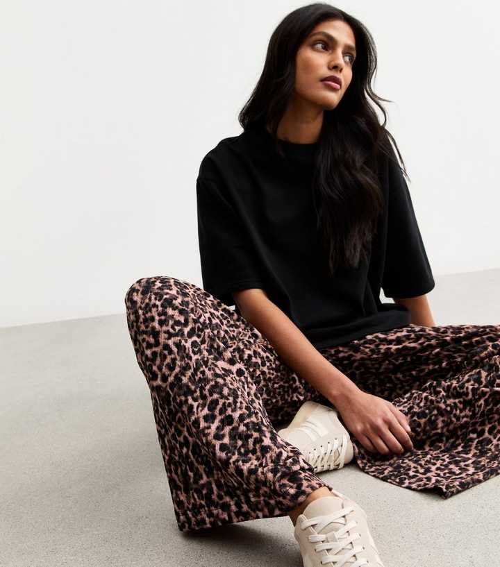 Brown Textured Animal Print Wide Leg Trousers