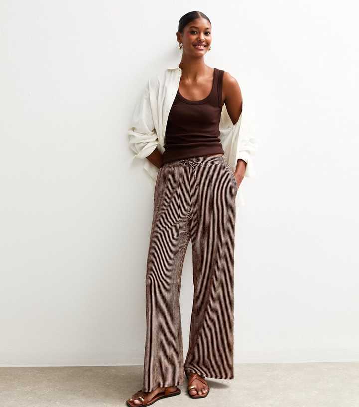 Brown Striped Drawstring Waist Wide Leg Trousers