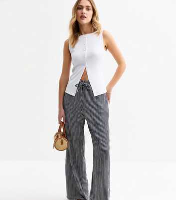 Blue Striped Drawstring Waist Wide Leg Trousers