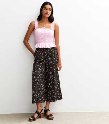 Black Floral Print Cropped Trousers