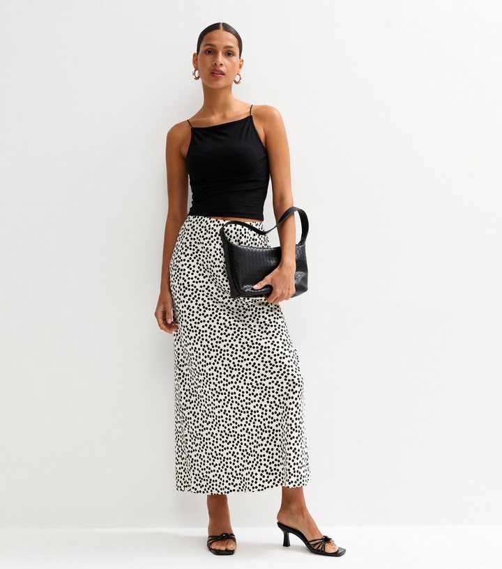 Off White Polka Dot Satin Midi Skirt