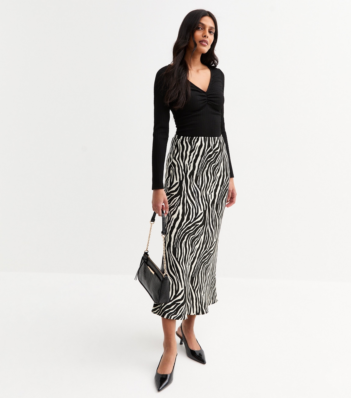 Women's Black Zebra Print Satin Bias Cut Midi Skirt School New Look