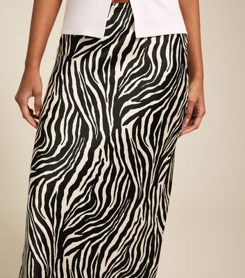 Black Zebra Print Satin Bias Cut Midi Skirt