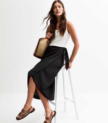 Black Crinkled Sarong Midi Skirt