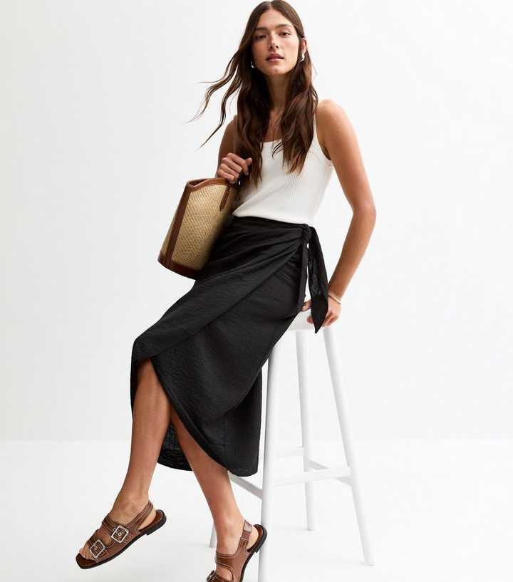 Black Crinkled Sarong Midi Skirt