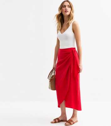 Red Crinkled Sarong Midi Skirt