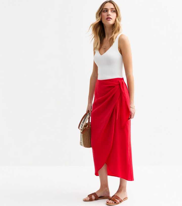 Red Crinkled Sarong Midi Skirt