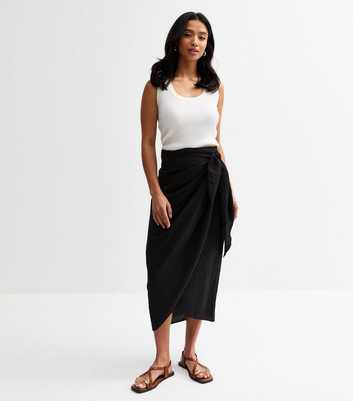 Petite Black Satin Sarong Midi Skirt