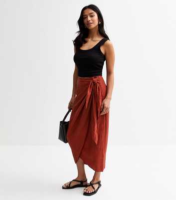Petite Dark Red Satin Sarong Midi Skirt
