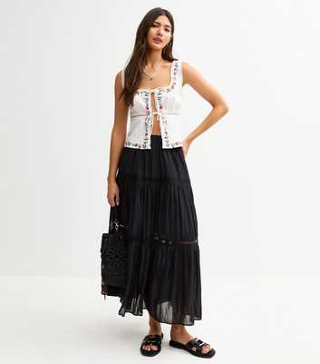 Black Lace Insert Chiffon Midi Skirt