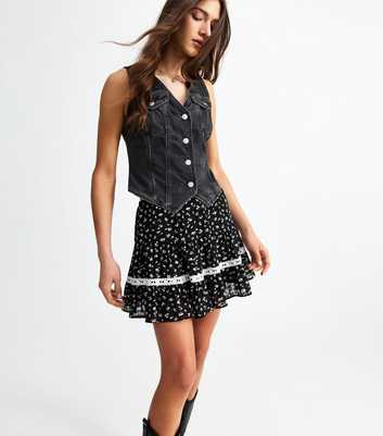 Black Floral Print Tiered Mini Skirt