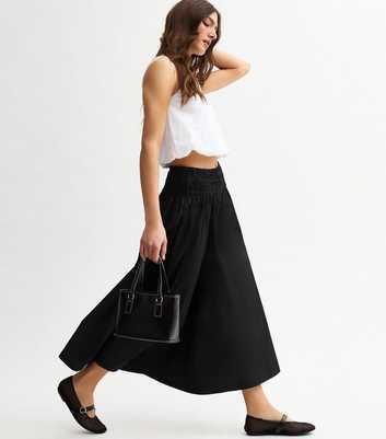 Black Shirred Waist Poplin Midi Skirt