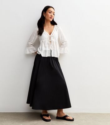 ●ROUGHNECK● Shirred Waist Band Midi Skirt / Black black-shirred-waist-poplin-